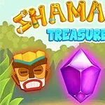 Fargerikt illustrasjon med to totemmasker, en stor lilla krystall, og teksten Shamans Treasure på en bakgrunn av jungelblader