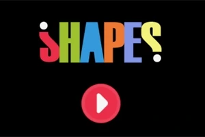 Fargerik tekst med ordet SHAPES og en rød play-knapp på svart bakgrunn