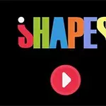 Fargerik tekst med ordet SHAPES og en rød play-knapp på svart bakgrunn