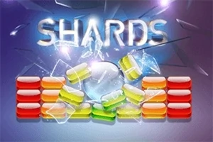 Knuste glassbiter foran fargerike, rektangulære brikker med teksten SHARDS i bakgrunnen