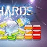 Knuste glassbiter foran fargerike, rektangulære brikker med teksten SHARDS i bakgrunnen