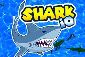En animert hai med åpen munn svømmer over blått vann med flere haier i bakgrunnen, med teksten SHARK io i gule og hvite bokstaver