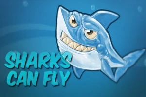 En tegneserieaktig hai med et bredt smil og teksten Sharks Can Fly på en blå bakgrunn