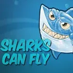 En tegneserieaktig hai med et bredt smil og teksten Sharks Can Fly på en blå bakgrunn