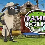 En animert sau står med en golfkølbe foran en låve, ved siden av en logo med teksten Baahmy Golf