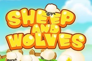 Lyse oransje bokstaver som staver SHEEP AND WOLVES med en liten illustrasjon av en sau på toppen, omgitt av skyer og gjerder