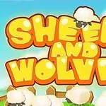 Lyse oransje bokstaver som staver SHEEP AND WOLVES med en liten illustrasjon av en sau på toppen, omgitt av skyer og gjerder