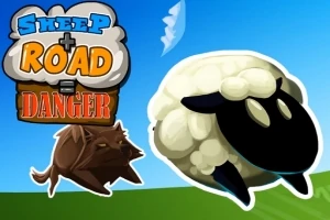 En tegneseriesau hopper ved siden av en tegneseriehund mot en blå himmel, med teksten Sheep Road Danger i bakgrunnen