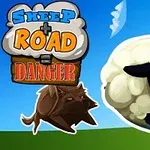 En tegneseriesau hopper ved siden av en tegneseriehund mot en blå himmel, med teksten Sheep Road Danger i bakgrunnen