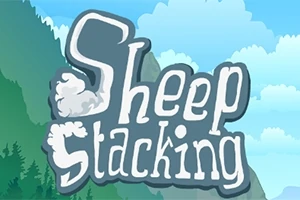 Logo med teksten Sheep Stacking mot en bakgrunn av blå himmel og grønne trær