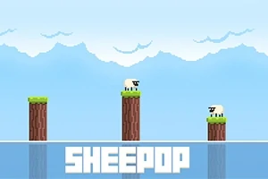 En pikselgrafikk-scene med to hvite sauer på gresskledde plattformer og teksten SHEEPOP nedenfor