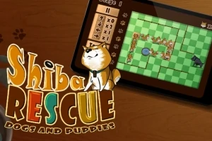 En illustrasjon med teksten Shiba Rescue Dogs and Puppies ved siden av et nettbrett som viser et spill med grønne ruter, en hund og en hundepasser