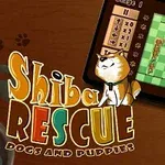 En illustrasjon med teksten Shiba Rescue Dogs and Puppies ved siden av et nettbrett som viser et spill med grønne ruter, en hund og en hundepasser