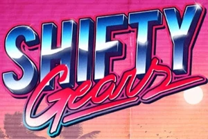 Teksten Shifty Gears i fet, retrostil med en rosa og oransje bakgrunn som minner om en solnedgang