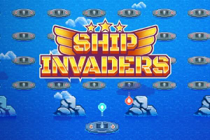 Skipset Ship Invaders med fargerike vinger og stjerner på en blå bakgrunn med skip og skyer