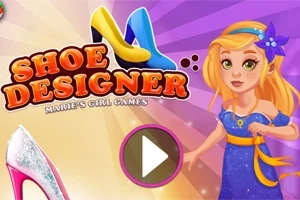 En illustrasjon med en blond jente i en blå kjole og høye sko i bakgrunnen, samt teksten Shoe Designer