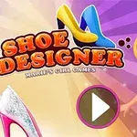 En illustrasjon med en blond jente i en blå kjole og høye sko i bakgrunnen, samt teksten Shoe Designer