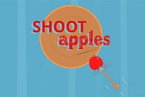 Målskive med røde bokstaver SHOOT apples og en pil som treffer et eple