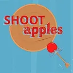 Målskive med røde bokstaver SHOOT apples og en pil som treffer et eple