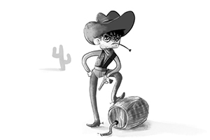 Tegning av en cowboy med hatt og lasso, stående med et ben på en tønne, med en kaktus i bakgrunnen
