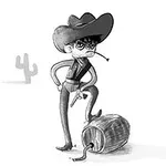 Tegning av en cowboy med hatt og lasso, stående med et ben på en tønne, med en kaktus i bakgrunnen
