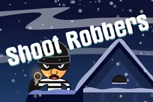 Tegneseriefigur i randete genser og lue, med en pistol, står på et hustak under stjerneklar natt med teksten Shoot Robbers øverst i bildet