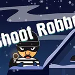 Tegneseriefigur i randete genser og lue, med en pistol, står på et hustak under stjerneklar natt med teksten Shoot Robbers øverst i bildet