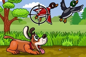 En tegnet hund står på en sti i en skog mens to ender flyr over med et sikte på den ene