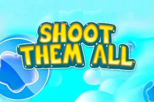 Teksten Shoot Them All i gule bokstaver på en blå bakgrunn med skyer og bobler