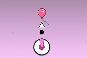 En rosa ballong med snor, en hvit trekant, en svart sirkel, og en rosa pinne på en sirkelmot en lilla bakgrunn