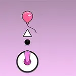En rosa ballong med snor, en hvit trekant, en svart sirkel, og en rosa pinne på en sirkelmot en lilla bakgrunn