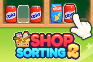 Tegneserieillustrasjon av butikkvarer som brus og chips på en hylle med en håndpeker, samt teksten Shop Sorting 2 i fargerik stil