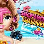 En tegneseriefigur med rosa ansiktsmaske, kamera, cupcakes og blomster, foran en strand med et fly i bakgrunnen