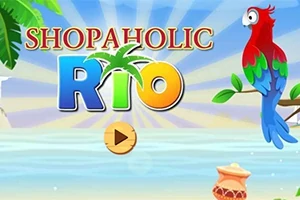 Fargerik papegøye på en gren ved siden av teksten SHOPAHOLIC RIO med en strandbakgrunn