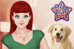 En illustrasjon av en kvinne med langt rødt hår i grønn kjole ved siden av en lyst farget hund, med tekst Lily Games i øvre hjørne