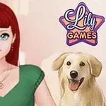 En illustrasjon av en kvinne med langt rødt hår i grønn kjole ved siden av en lyst farget hund, med tekst Lily Games i øvre hjørne