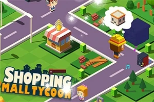 En fargerik, isometrisk byscene med små figurer, veier, bygninger og skiltet Shopping Mall Tycoon
