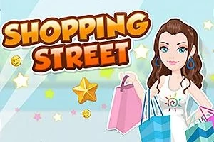 En tegnet kvinne med brunt hår holder handleposer, omgitt av stjerner og mynter, med teksten Shopping Street i store bokstaver