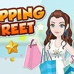 En tegnet kvinne med brunt hår holder handleposer, omgitt av stjerner og mynter, med teksten Shopping Street i store bokstaver