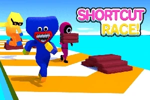 Tre fargerike figurer løper på en smal bane med blokker i hendene, under en blå himmel, med teksten SHORTCUT RACE!