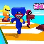 Tre fargerike figurer løper på en smal bane med blokker i hendene, under en blå himmel, med teksten SHORTCUT RACE!