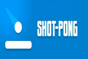 Blå bakgrunn med hvit sirkel og rektangel, og teksten SHOT-PONG i hvitt