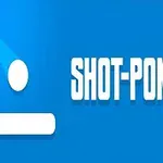 Blå bakgrunn med hvit sirkel og rektangel, og teksten SHOT-PONG i hvitt