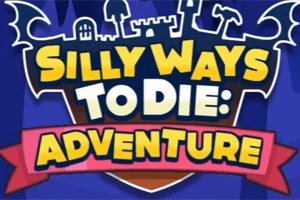 Tegneserielogo med teksten Silly Ways to Die: Adventure i lyse bokstaver mot en blå bakgrunn med silhuetter av hus, trær og flaggermus