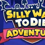 Tegneserielogo med teksten Silly Ways to Die: Adventure i lyse bokstaver mot en blå bakgrunn med silhuetter av hus, trær og flaggermus