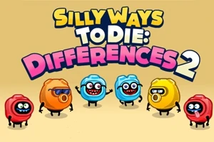 Fargerike, animerte monstre med smilefjes og teksten Silly Ways to Die: Differences 2 på en beige bakgrunn