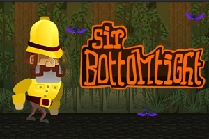 En tegnet mann i gult antrekk med hjelm, bart og vanter står ved siden av teksten Sir Bottomtight med en jungelbakteppe og lilla flaggermus i bakgrunnen