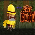En tegnet mann i gult antrekk med hjelm, bart og vanter står ved siden av teksten Sir Bottomtight med en jungelbakteppe og lilla flaggermus i bakgrunnen