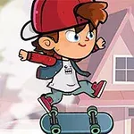 Tegnet gutt med kaps og rød jakke som står på skateboard foran et hus