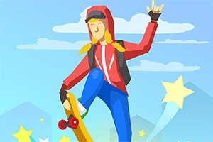 Person med hettegenser og lue som står på et skateboard med ett bein opp i luften, omgitt av stjerner og skyer